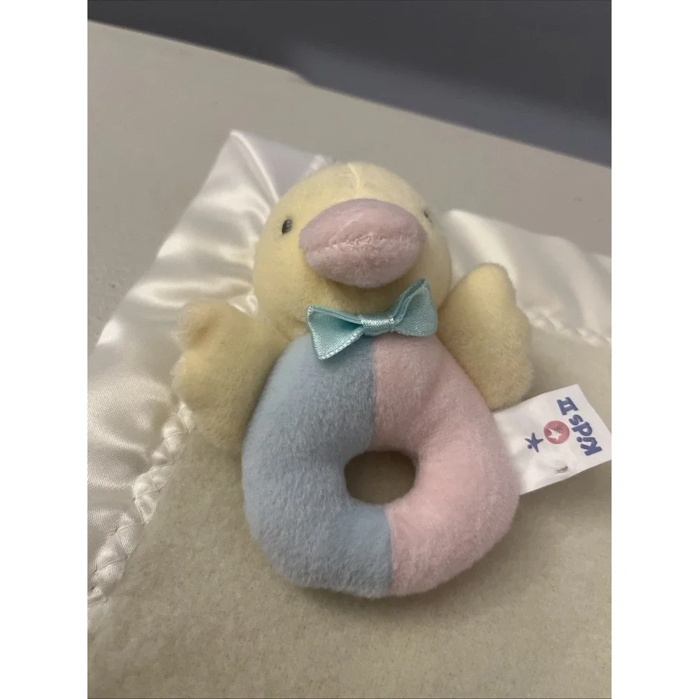 Just Born Lovey Yellow Fleece Blanket Satin Trim Blanket Duck Rattle Toy Snuggle